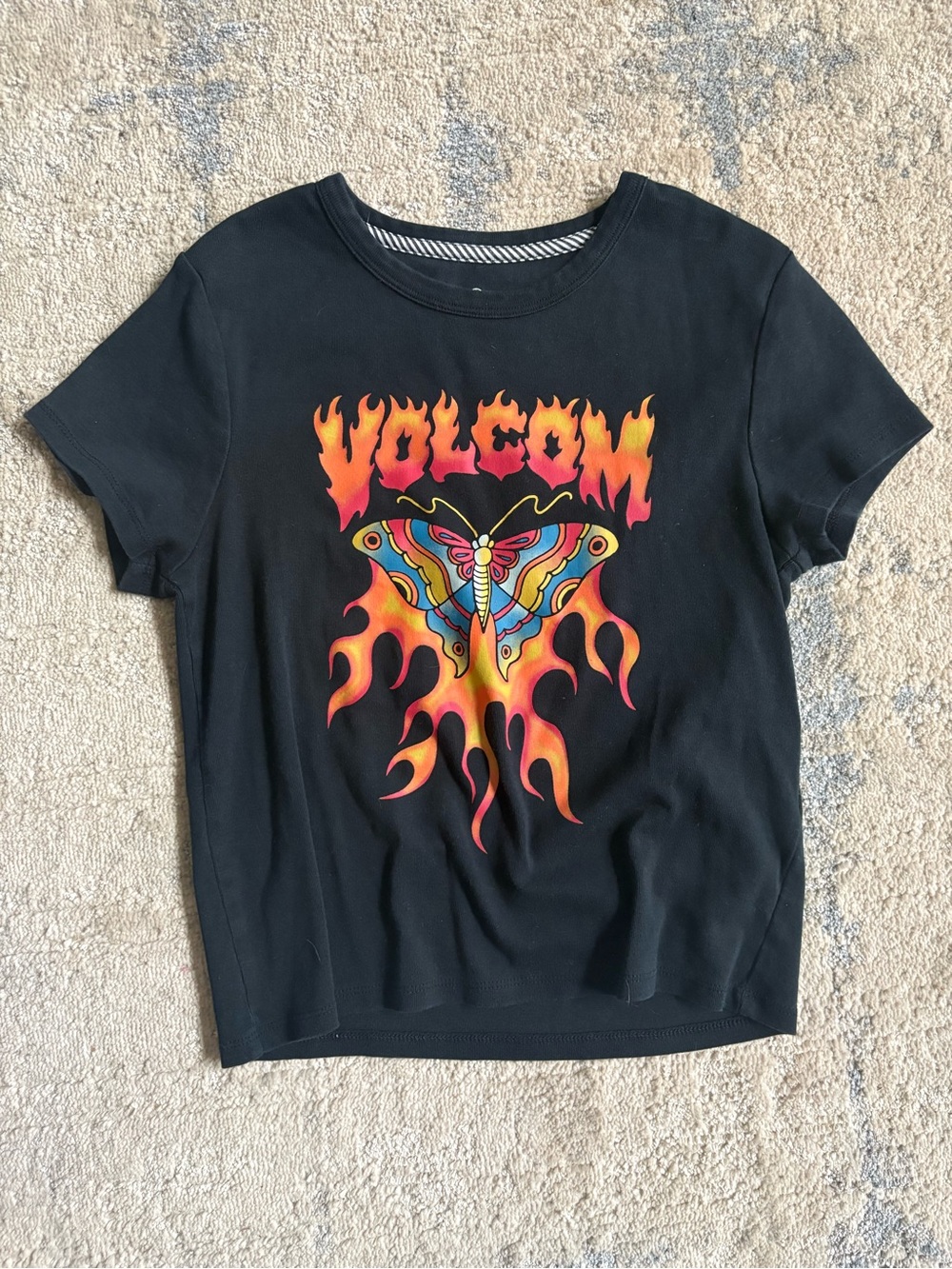 Volcom Black Short Sleeve Tee with Multicolor Butterfly Flame Graphic